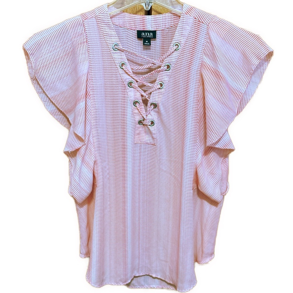 Women’s Medium a.n.a Pinstriped Laced-Up Flutter Sleeve Blouse